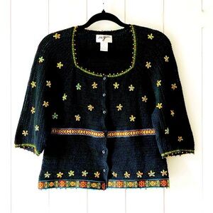Vintage My Black Embroidered Rainbow Colour Beads Cardigan Sweater Size Large